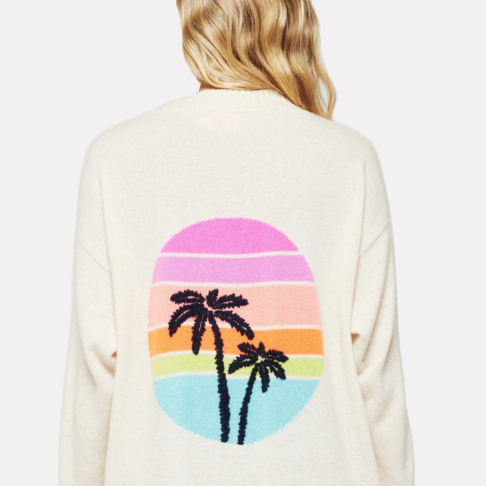 Brodie Cashmere Cream Sweater Cardigan with Neon Pastel Palm Sunset